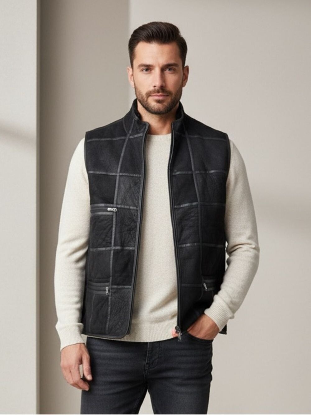 Vintage Shearling Lined Patchwork Leather Vest Black Gorpcore Utility L-XL